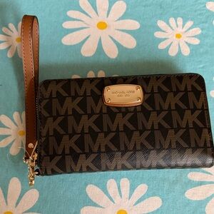 Michael Kors Black and Tan Logo Wristlet